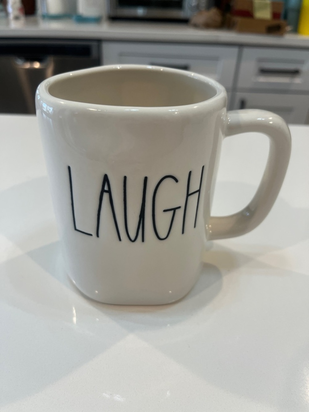 Rae Dunn White 'LAUGH' Ceramic Mug with Black Lettering